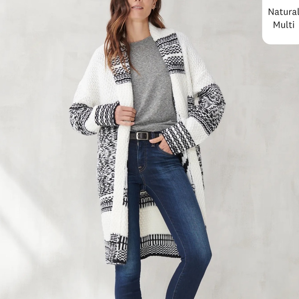 Lucky Brand Border Print Shawl Neck Duster Cardigan Sweater, Wool, XL